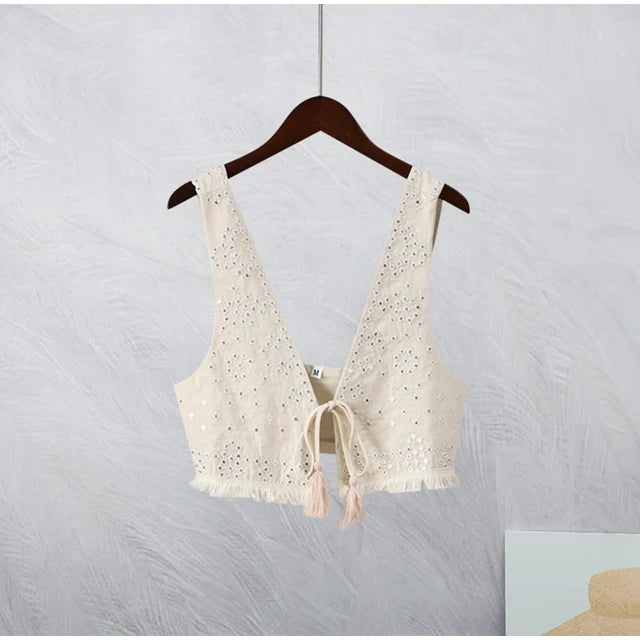 Sleeveless Backless Short WaistCoat Tops Fashion Ladies Highstreet Outfits Vintage Embroidery Tassel Lace Up Vest For Women Sexy