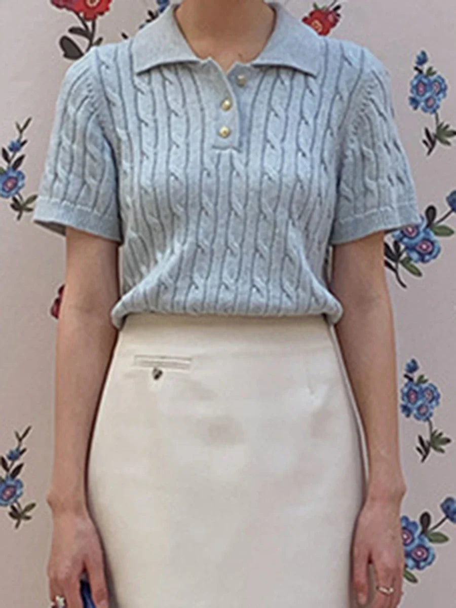 maoxiangshop - Korean Fashion Solid Knitted Short Sleeve 2024 Autumn New Women Turndown Collar Button Short T-shirt Simple Casual Slim Tops