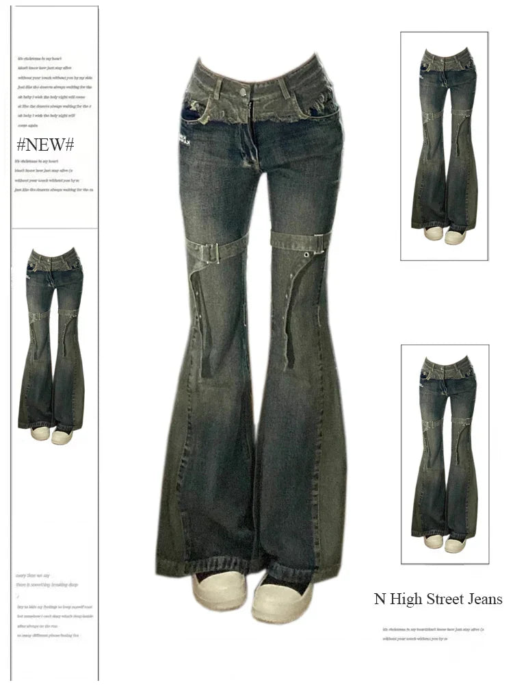 maoxiangshopWomen's Patchwork Flare Jeans Harajuku Vintage Y2k Baggy Denim Trousers Harajuku Oversize Cowboy Pants 90s Trashy 2000s Clothes