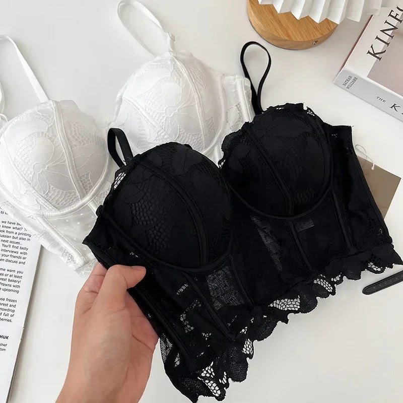 maoxiangshop French Chic Sexy Crop Top Women Lace Sheer Spaghetti Strap Corselet Female Tank Tops Built in Bra Backless Skinny Camis