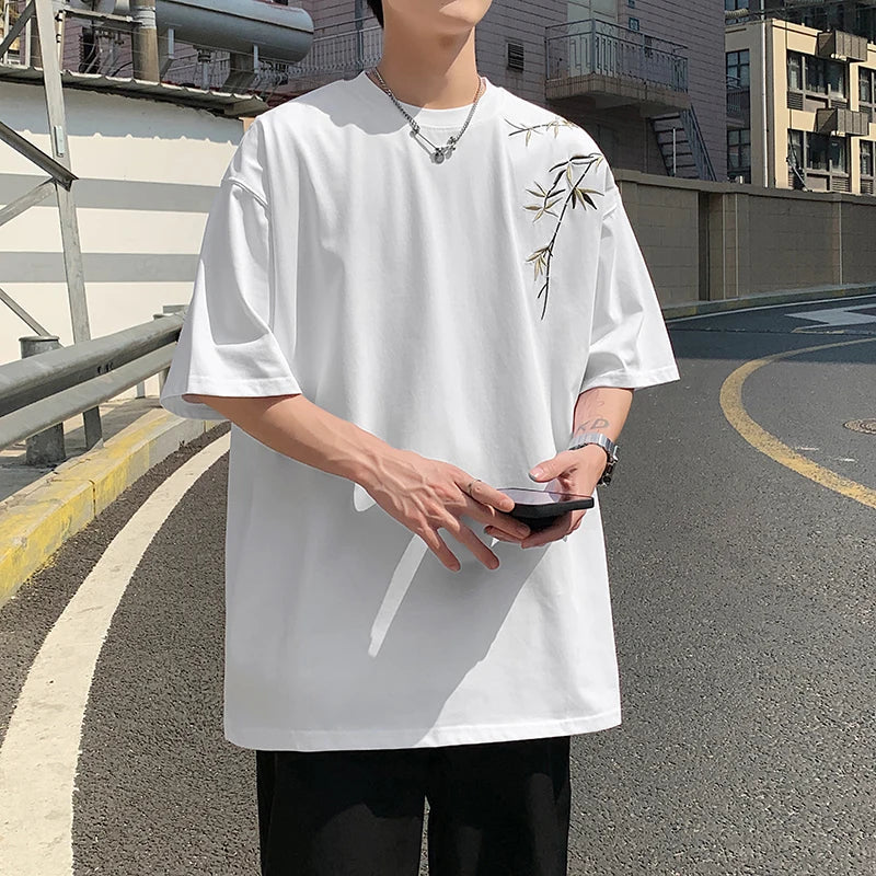 maoxiangshop Bamboo Embroidered T Shirt Men Harajuku Streetwear T-Shirts Summer Short Sleeve Black White Loose Casual Tshirt Tees Top