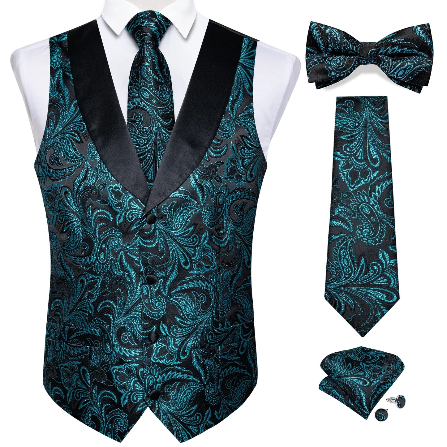 maoxiangshop Brand Suit Vest Set For Men Luxury Silk Black Gold Paisley Dress Vest Tie Cufflinks Handkerchief Set Male Sleeveless Waistcoat