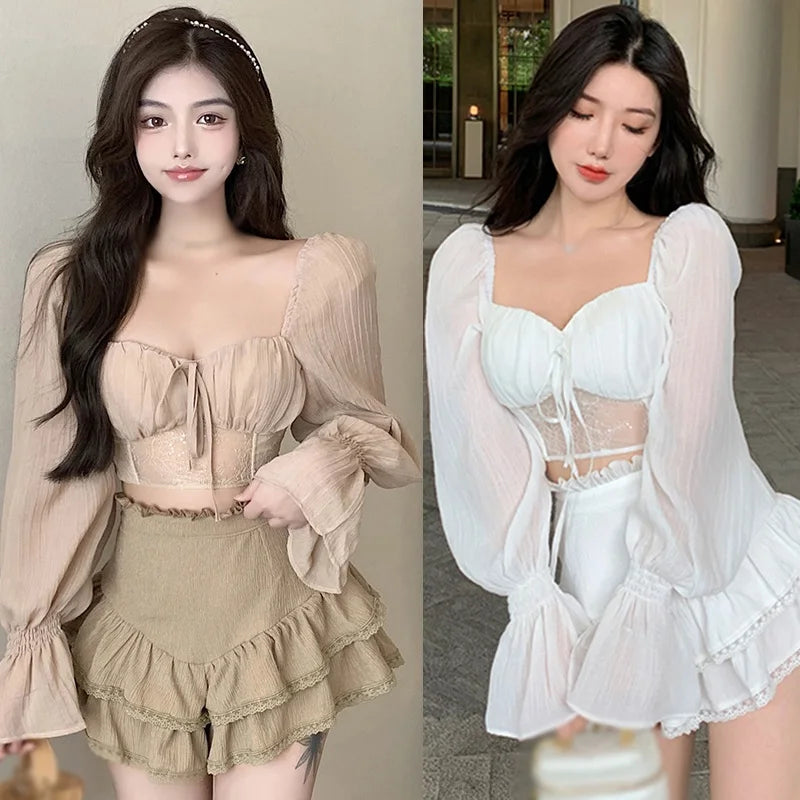 maoxiangshop Casual T Shirts Solid Color Women's Crop Top Ruffles Chiffon Blouse Autumn Outfit Long Sleeve Slim Fit
