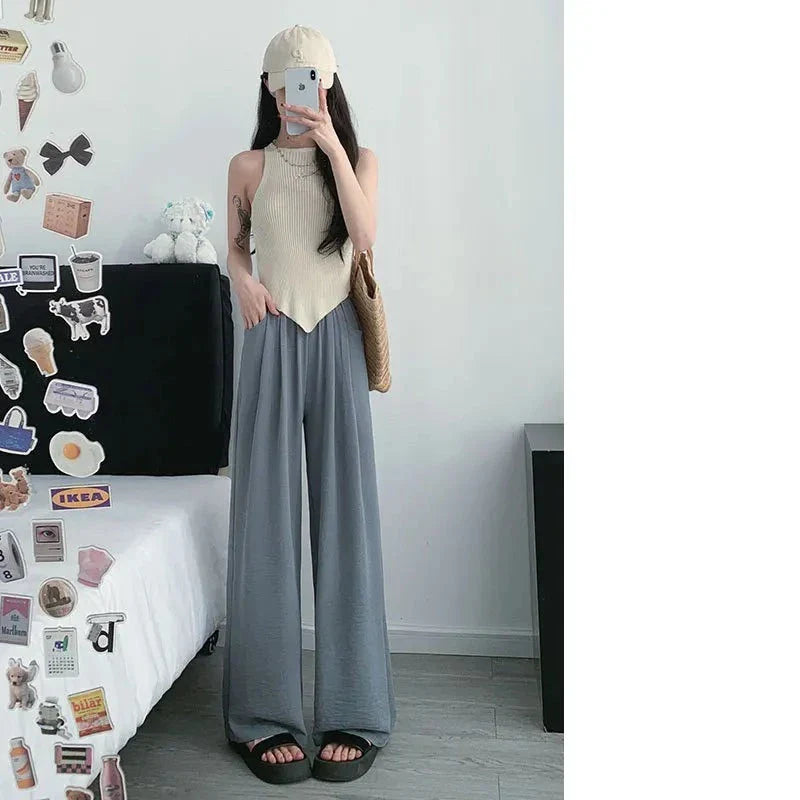 maoxiangshop 2024 Summer New Ice Silk Wide Leg Pants Women Thin Loose Ladies Casual Pants Slimming Y2K Women with Pockets Mop Pants Slim Body