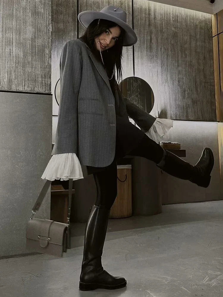maoxiangshop - Fall New Striped Blazer Coat For Women With Detachable Splice Flare Long Sleeve Casual High Street Lapel Female Blazer