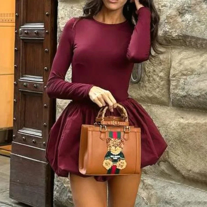 maoxiangshop - Elegant Folds Backless Long Sleeve Dress For Women Slim Fit Ball Gown Mini Dress Patchwork Solid Female Autumn New 2024