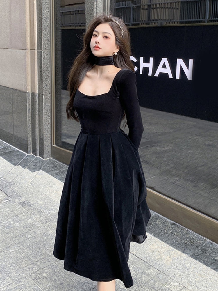 maoxiangshop Velvet Elegant Evening Party Midi Dresses Ladies Black France Vintage Dress Women New Winter Korean One-piece Dress Autumn