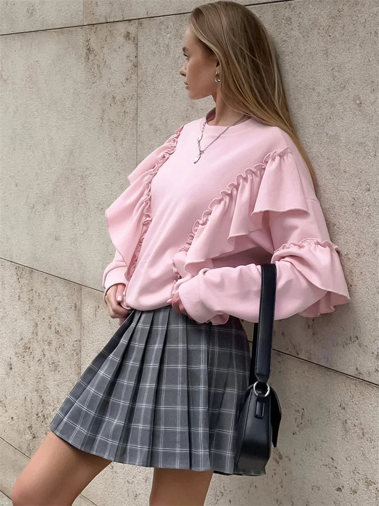 maoxiangshop - Autumn Knit Ruffled Pullover Women's Patchwork Fashion Loose Solid High Waist Knitwear Sweatshirts Female Elegant Hoodies