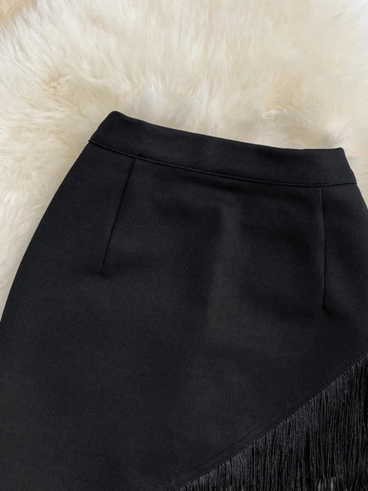 maoxiangshop Womern High Waist Fringed Short Skirt Women's Summer New Style Black Irregular Elastic Hip Skirt Anti-glare Skirt