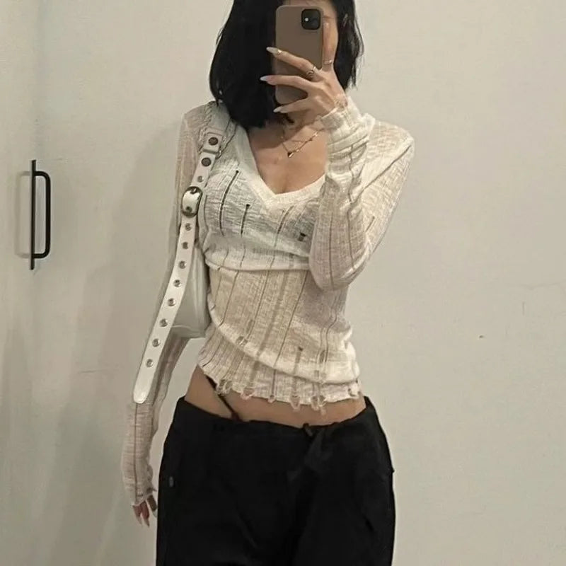 maoxiangshop Coquett Y2K Women's Knit Sweater Hollow Out Knitwear V Neck Pullovers Spring See Through Jumper Harajuku Fashion Grunge