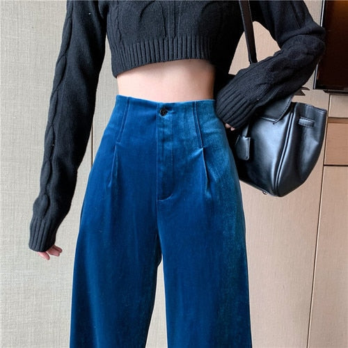 maoxiangshop Winter Velvet Elegant Pants Women Solid Casual Korean Style Wide-legged Pants Loose Casual Designer High-waist Trousers New