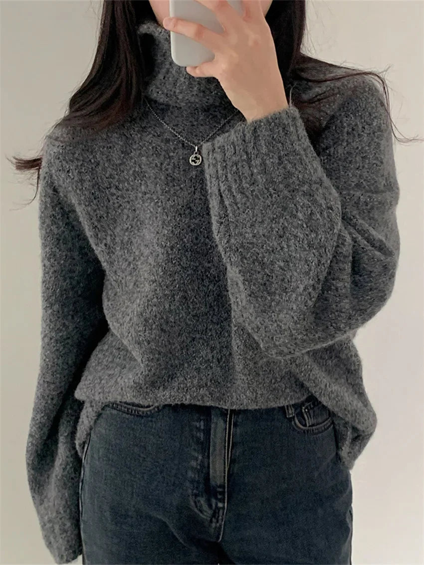 maoxiangshop - Elegant Sweaters Soft Loose Women Chic Knitted Winter 2025 Casual All Match Pullovers Warm Daily Turtleneck