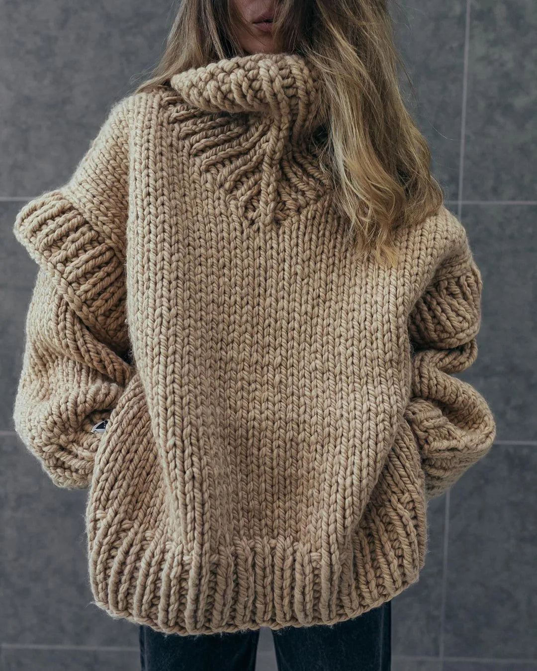 maoxiangshop - Women Solid Knit Turtleneck Pullover Lantern Sleeve Thick Warm Oversized Loose Top Sweater Fall Winter Female Knitwear
