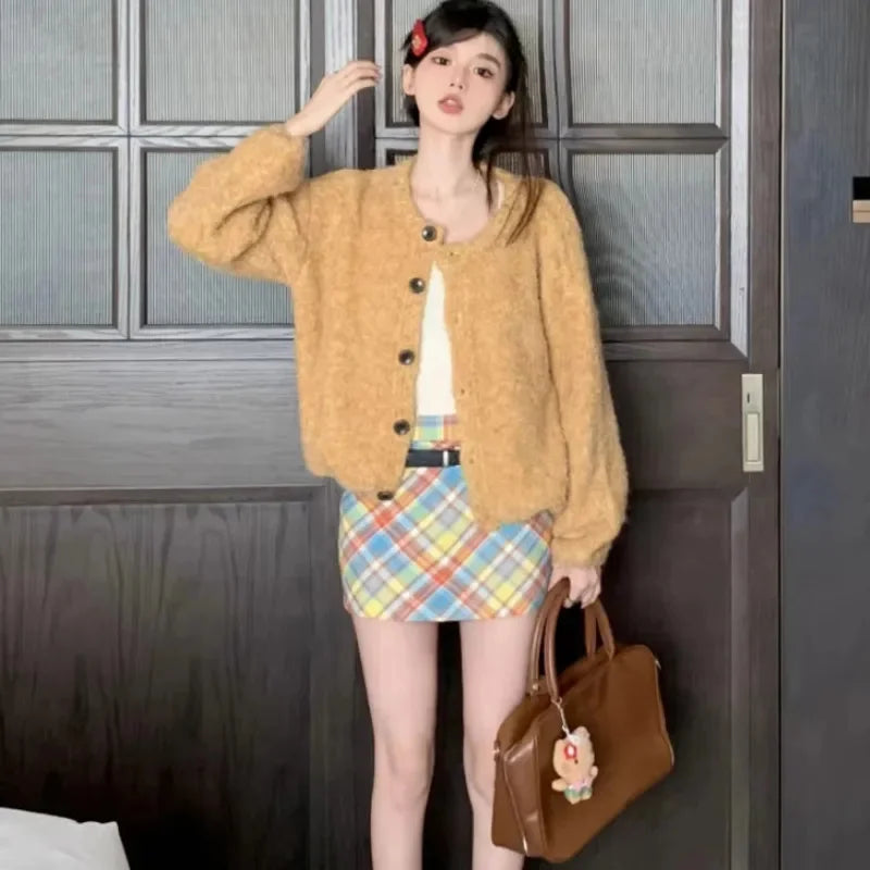 maoxiangshop - Solid Yellow Knit Sweater Cardigan Women Autumn Soft Sweet Slouchy Long Sleeve Round Neck Cute Schoolgirl Daily Loose Outerwear