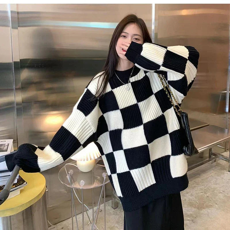 Women Checkerboard Knitted Sweater Autumn Korean Casual Warm Loose Long Sleeve Top Female Streetwear All Watch Jumper New