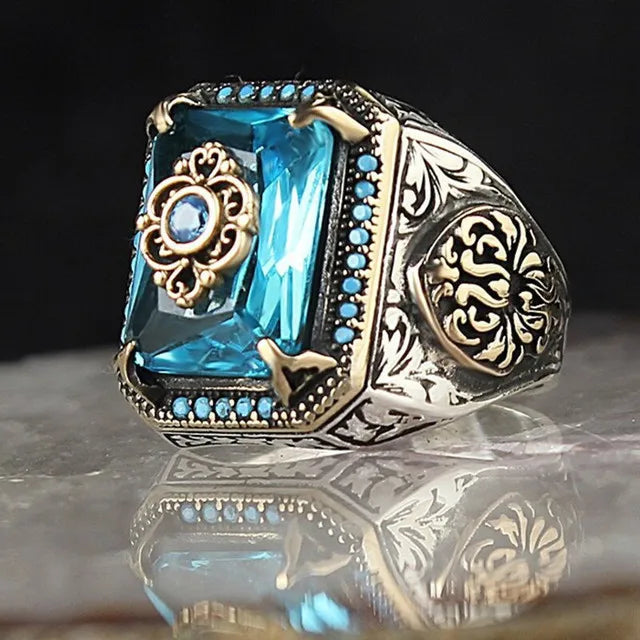maoxiangshop Retro Handmade Turkish Signet Rings for Men Ancient Silver Color Carved Ring Mystic Zircon Inlay New Punk Motor Biker Ring