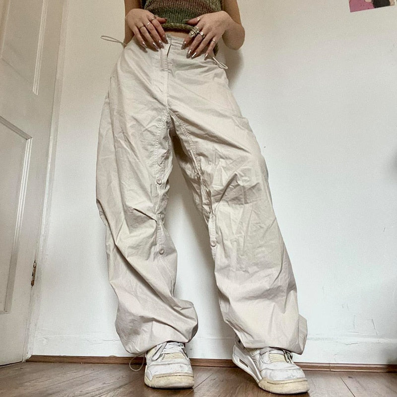 maoxiangshopWomen Y2K Cargo Pants Solid Low Waist Sweatpants Drawstring Wide Leg Baggy Trousers 2023 Summer Streetwear Punk Casual Tech Pant