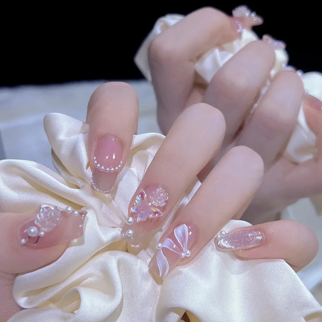 maoxiangshop 24pcs Wearable Pink Press On Fake Nails Tips With Glue false nails design Butterfly Lovely Girl false nails With Wearing Tools