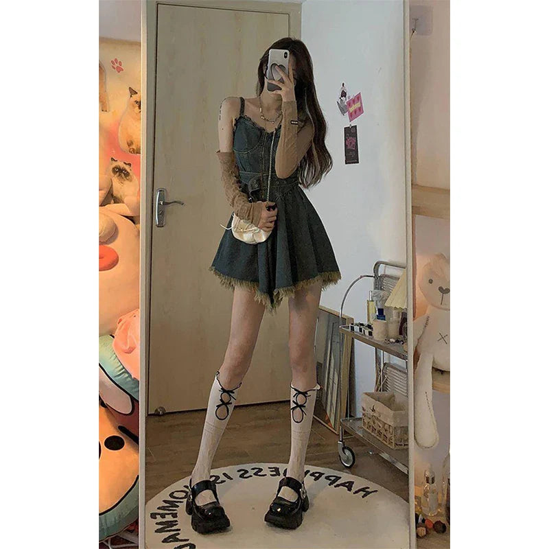 Y2K Belt Denim Mini Dress Women Vintage Irregular Tassel Spaghetti Strap Jeans Dresses Streetwear A Line Tunic Vestidos