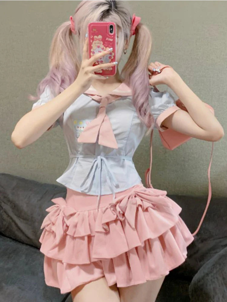 maoxiangshop Pink Kawaii Skirt Women Ruffle Patchwork Layered Bow High Waist Cute Mini Skirt Shorts Harajuku Japanese Style Soft Girl