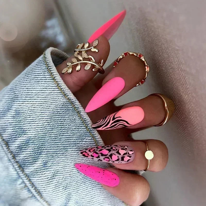 maoxiangshop 24Pcs False Nails With Glue Almond Pink Butterfly Design Detachable Rhinestones Acrylic Fake Nails long stiletto Press On Nails