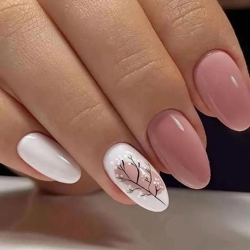 maoxiangshop 24Pcs Blue Flower False Nails Almond Cute Heart with French Design Detachable Fake Nails Artificial Press on Nails Tips Art