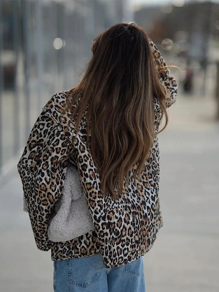 maoxiangshop - Autumn Winter Leopard Print Lace-up Padded Jacket Women Chic Long Sleeve Collarless Loose Coats 2024 New Lady Fashion Streetwear