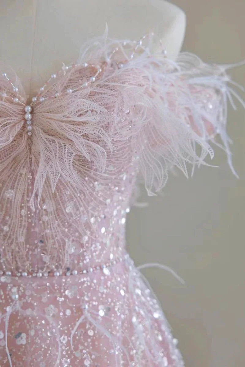 maoxiangshop Luxury Pink feather Prom dresses women advanced light luxury a word shoulder fairy Evening dress high-end party gown