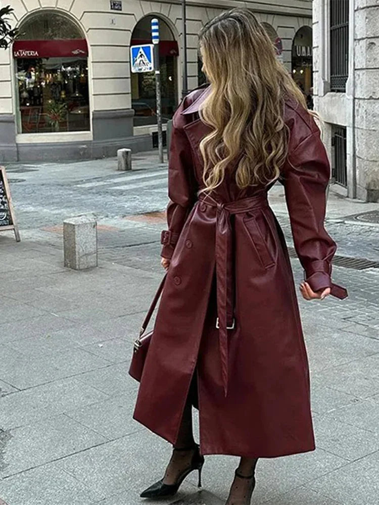 maoxiangshop - Fashion Retro Wine Red Long Women's Coat Turndown Collar Double Breasted Coats with Belt Vintage Windproof Winter Overcoat