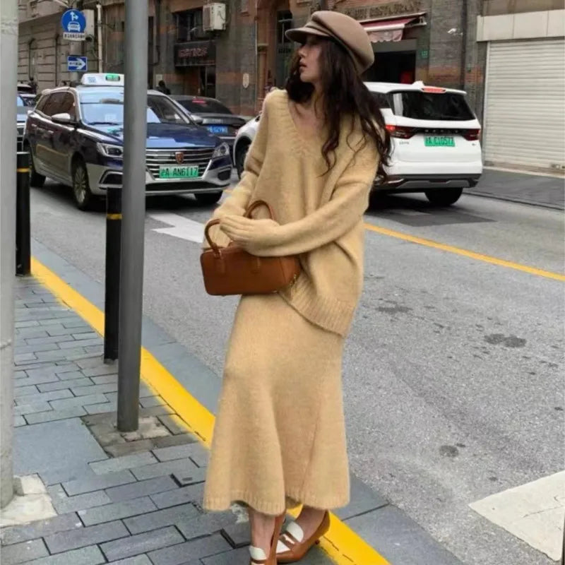 maoxiangshop - Autumn Winter Knitting Women Suit Winter Sweater Long Skirts Sets V-neck Pullover Top + High Waist Fishtail Skirt Two Piece Set