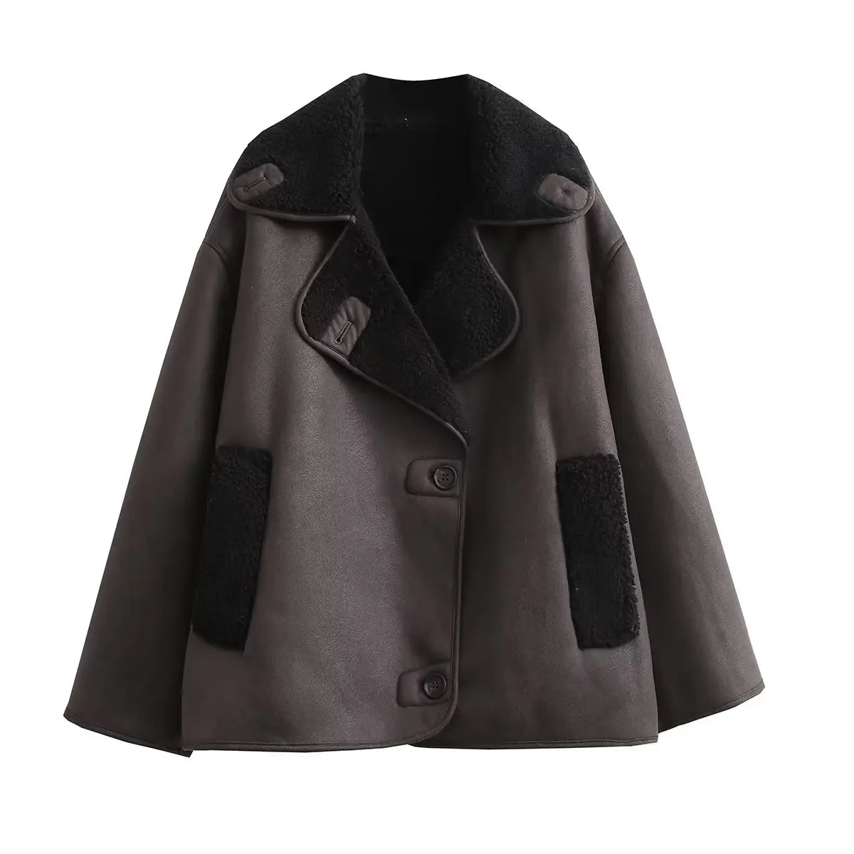 maoxiangshop - Winter Faux Fur Thick Lapel Coat For Women Long Sleeve Jacket Female Warm PU Overcoat Ladies With Pockets Streetwear