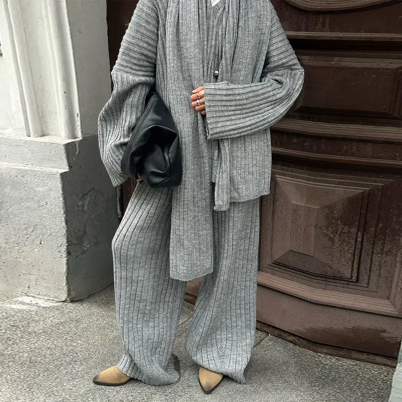 maoxiangshop - Knit Sweater Pants Set With Scarf Women Loose V-neck Long Sleeve Pullover Elastic Wide Leg Trouser Set 2024 Autumn Lady Outfits