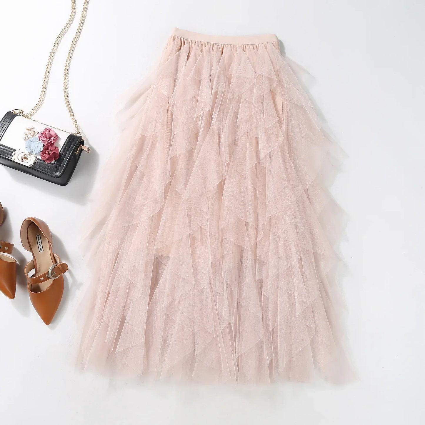 maoxiangshop Tutu Tulle Midi Skirt Women Elegant Fashion High Waist Irregular Pleated Mesh Long Skirt Spring Summer Party Female
