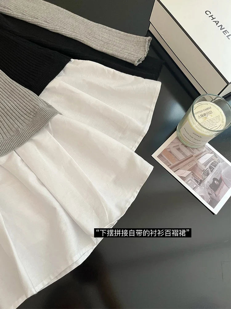 Autumn Winter Preppy Style Fake Two Pieces Mini Knit Shirts Dress Women Gyaru 2000s Aesthetic Vintage Long Sleeve One-Piece