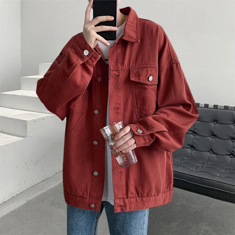maoxiangshop New Steetwear Red Mens Jean Jackets Turn Down Collar Multi-pockets Denim Coats Overalls Loose Casual Men Clothing Outwear