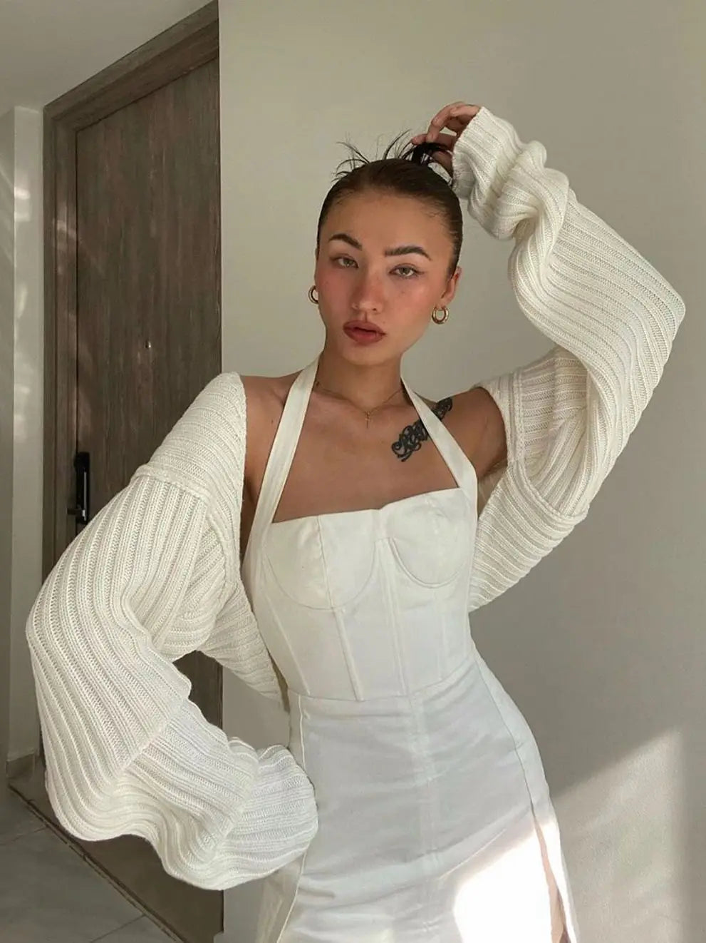 maoxiangshop-Women Ultra-short Sweater Coat Autumn Winter Long Sleeve Loose Knitted Crop Tops Solid Color Sexy Cardigan Sweaters Tops