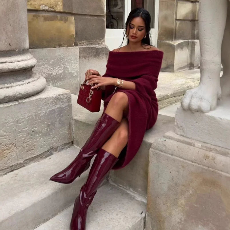 maoxiangshop - Elegant Red Off Shoulder Pleated Knit Maxi Dress For Women Chic Slash Neck Backless Long Sleeve Robe 2024 Autumn Lady Party Gown