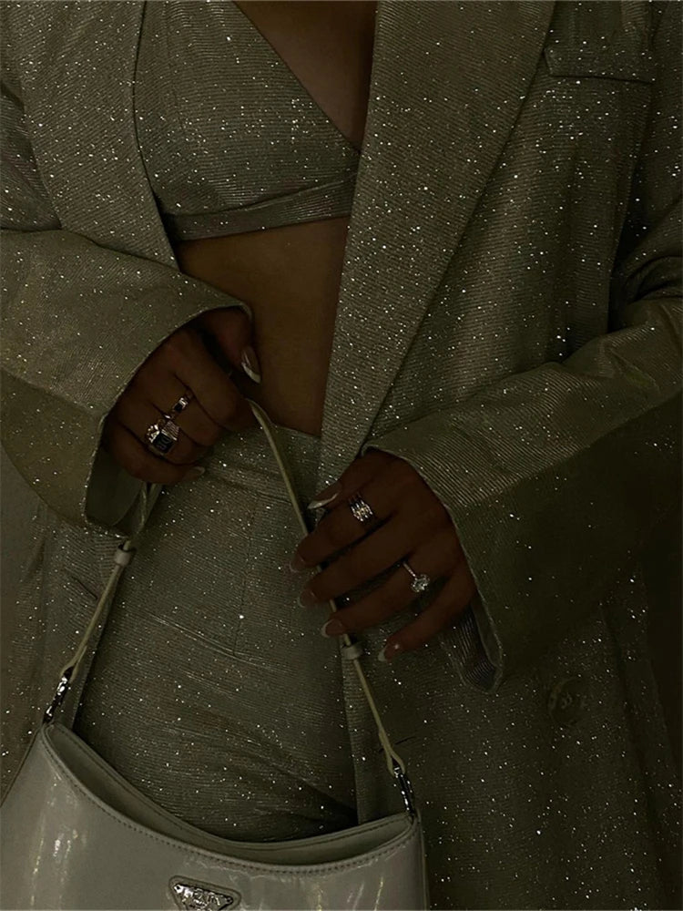 Sliver Sparkly OVersized Blazer Sets For Women Suit Ladies Casual Glitter Coat And Pants Sets Blazer Femme Mujer Party