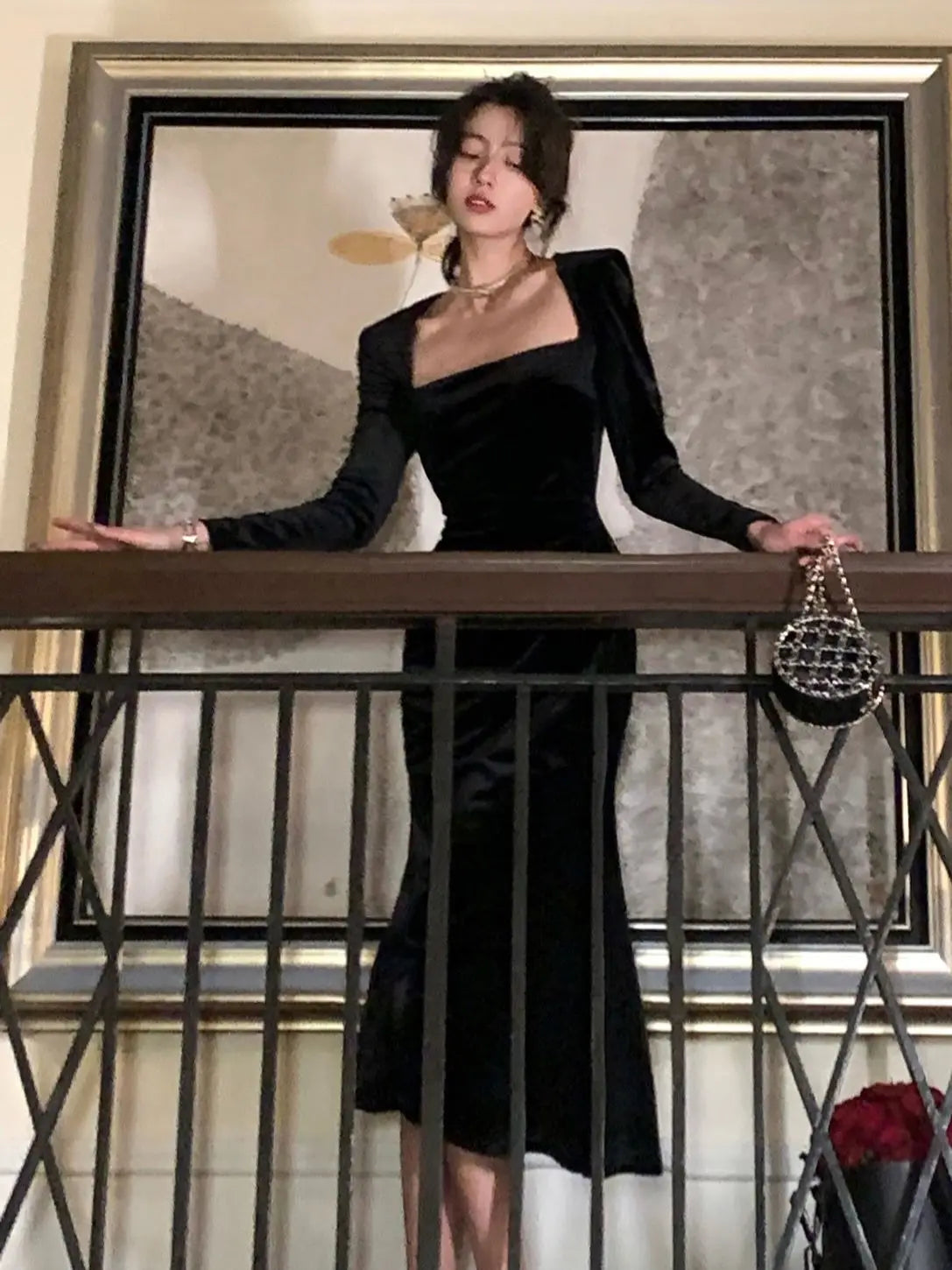 Spring New Women Elegant Long Black Velvet Dress Sexy Prom Evening Party Birthday Club Fashion One Piece Clothing