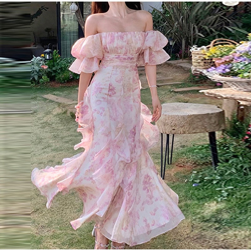 maoxiangshop Floral Sweet Women Midi Dress Mesh Elegant Slash Neck Korean Summer Female Dresses Petal Sleeve Fashion Lady Vestido New