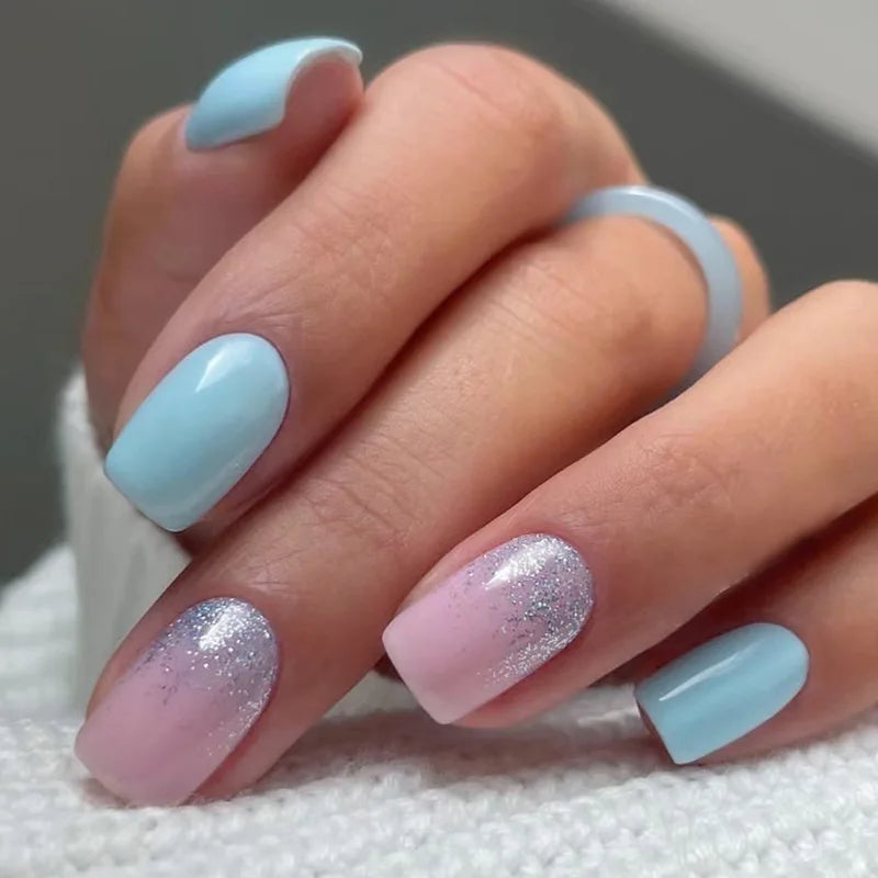 maoxiangshop 24Pcs Blue Flower False Nails Almond Cute Heart with French Design Detachable Fake Nails Artificial Press on Nails Tips Art