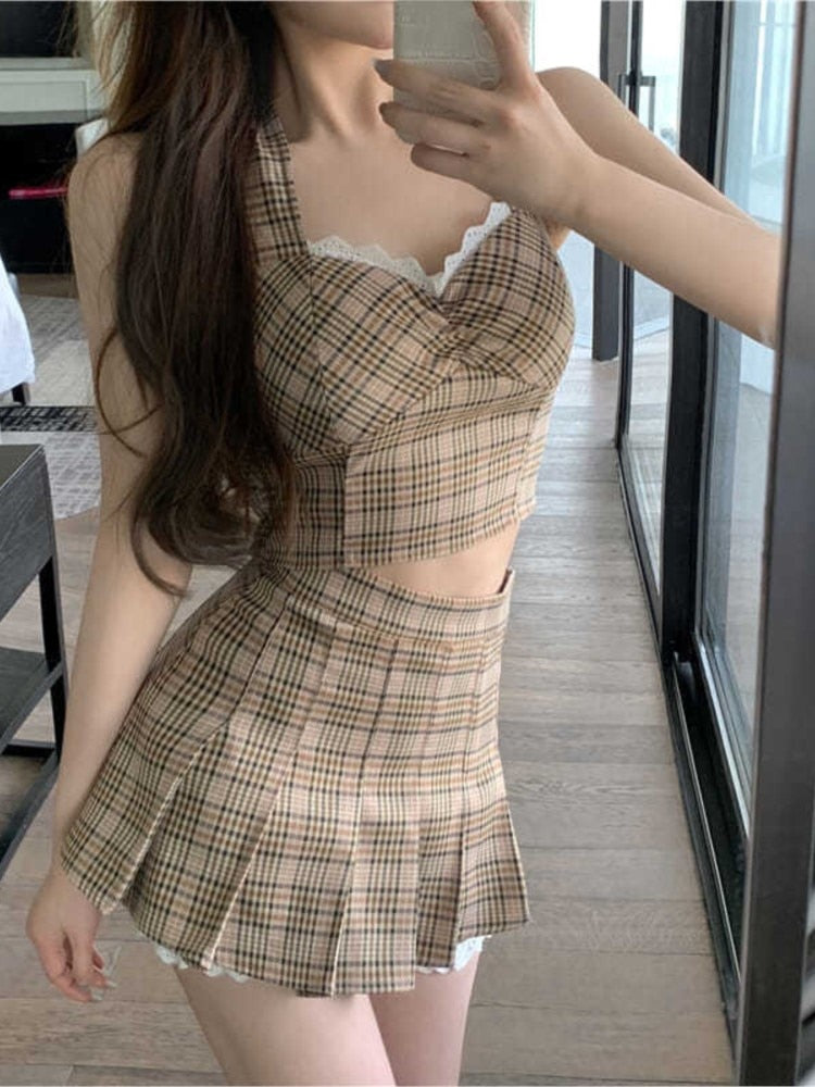 maoxiangshop Plaid Suit Women Camisole + Short Skirt Two-piece Sets Summer New Temperament Vintage Lace Patchwork Sleeveless Suit Trend