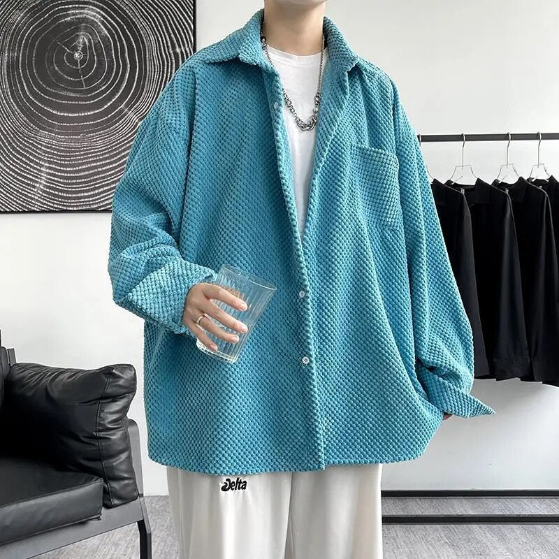 maoxiangshop New Korean Style Shirt Plus Size 5Xl-M Corduroy Shirts Men Harajuku Pineapple Cubes Mens Shirt Long Sleeve Streetwear Fashions