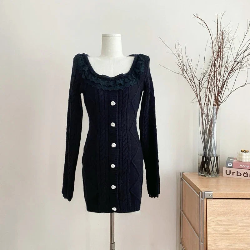maoxiangshop Autumn Elegant Slim Knitting Lace Dress Women Sexy Bodycon Y2k Mini Dress Casual Short Party Korean Fashion Dress Design