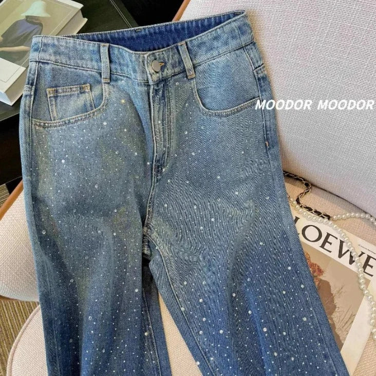 maoxiangshop Vintage Dot Print High Waist Wide Leg Baggy Y2K Jeans Pants Korean Fashion Women High Street Style Blue Straight Denim Trouser