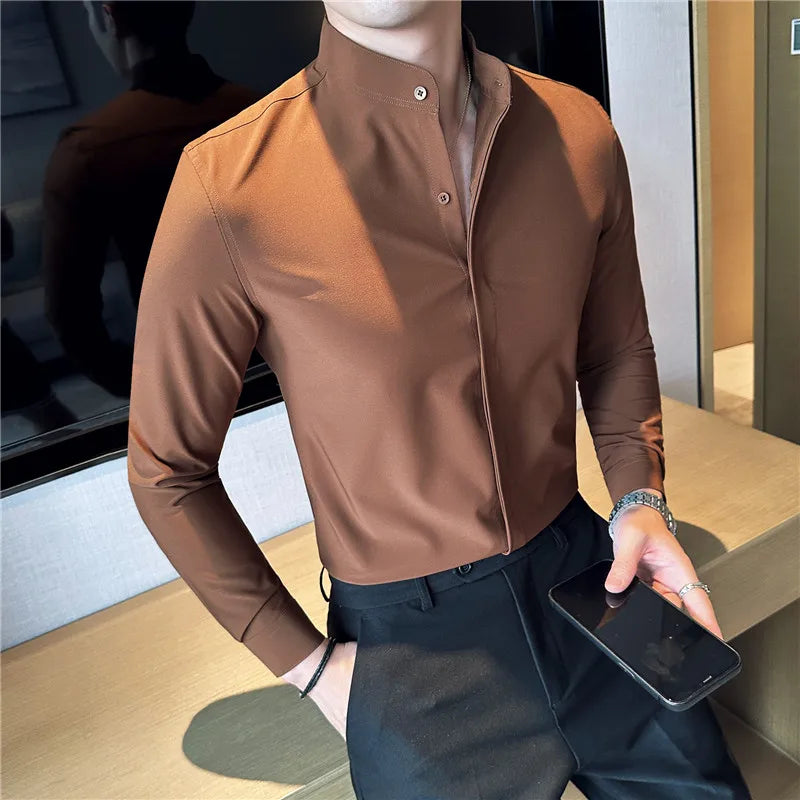 maoxiangshop Camisas De Hombre Stand Collar Luxury Shirts For Men Quality Camisa Masculina Stretch Slim Fit Mens Dress Shirts Formal Clothes