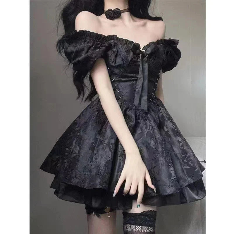 Gothic Black Mini Dress Women Vintage Sexy Spaghetti Strap High Waist Dresses 90s Egirl Punk Grunge Slim Party Club Dress Women
