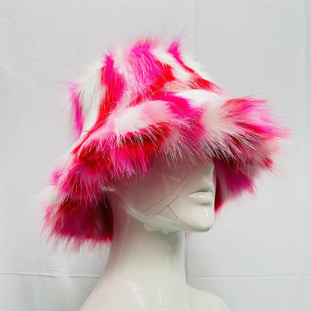 maoxiangshop - Luxury Ins Hot Y2k Girls Faux Fox Fur Bucket Hat Women Winter Warm Rabbit Fur Plush Fisherman Hat Cap Festival Party Ski Panama