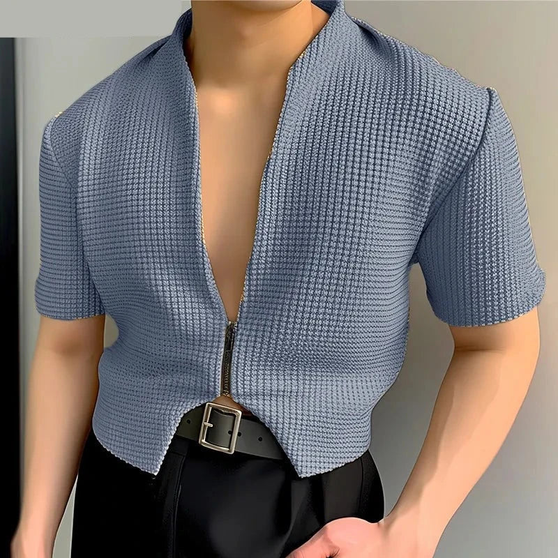 maoxiangshop 2024 Men Shirt Solid Color V Neck Short Sleeve Zipper Streetwear Men Clothing Stylish Casual Irregular Crop Tops S-5XL