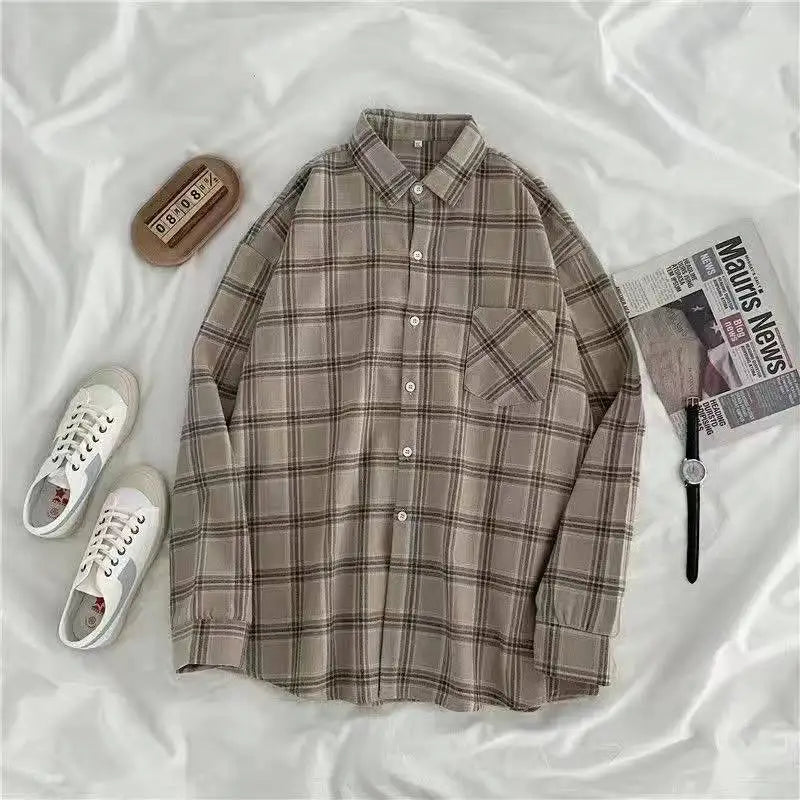 maoxiangshop Vintage Women Plaid Shirts Autumn Long Sleeve Oversize Button Up Tops Korean Loose Casual Fall Outwear Femme Shirts